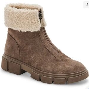 $160 NEW BLONDO x Zappos Plaza Taupe Suede Faux Fur heel ankle bootie women’s 7